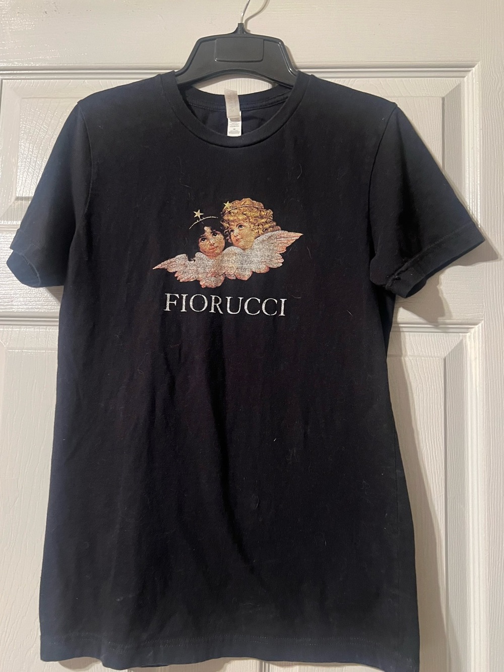Fiorucci Black Tee with Twin Cherub Graphic